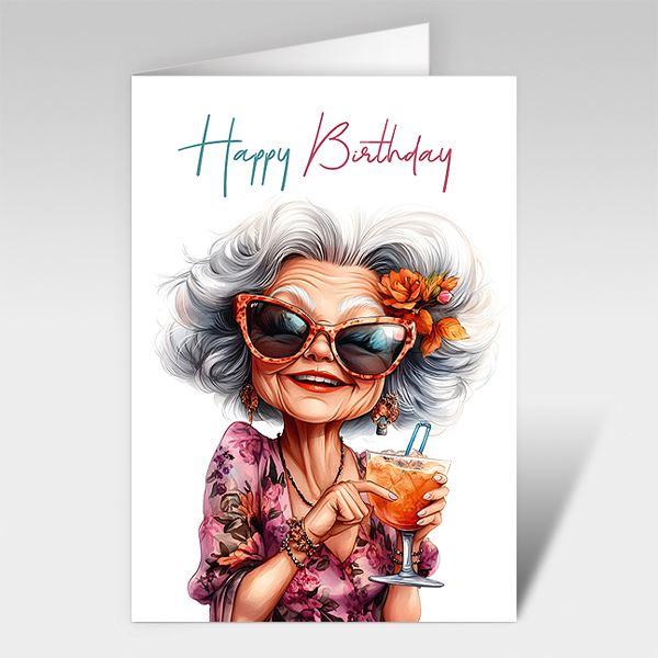 Geburtstagskarten Happy Birthday mit alter Power Dame