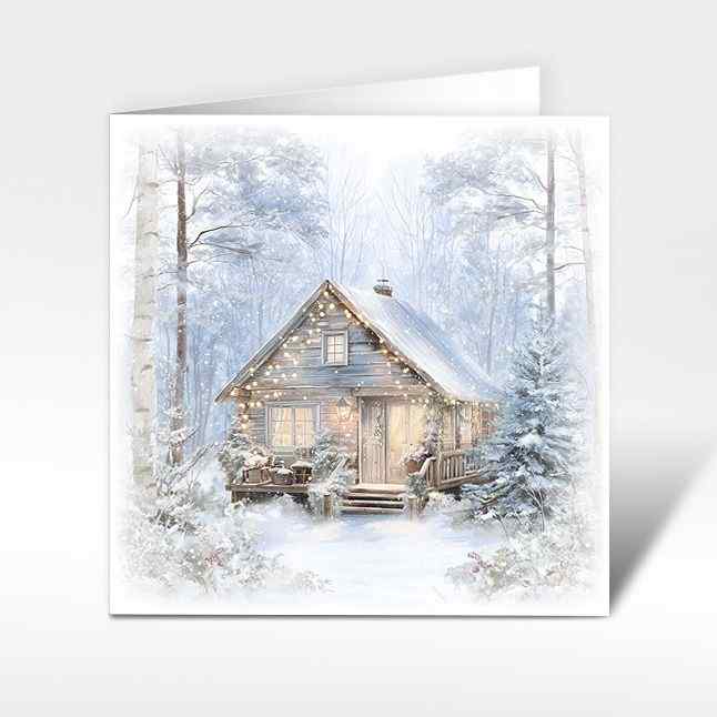 Weihnachtskarte Winterhütte im Lichterglanz 12x12